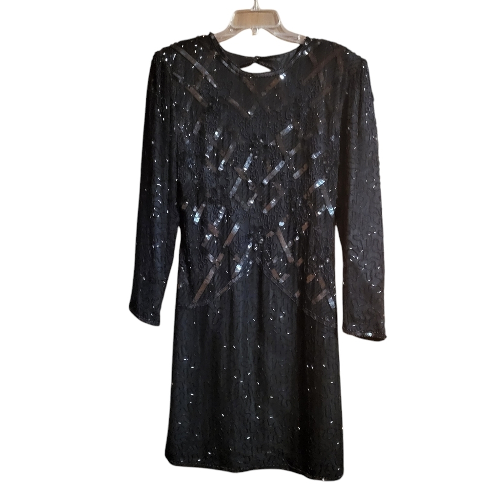 Vintage Sweelo Black Long Sleeve Open Back Silk Sequin Dress.